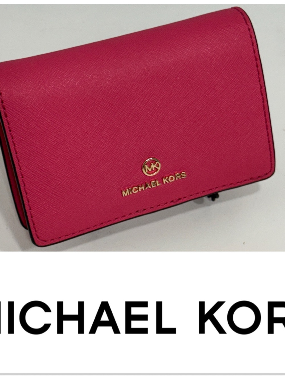LIKE NEW! Michael Kors JetSet Travel Med Slim Saffiano Wallet in Hibiscus/Gold